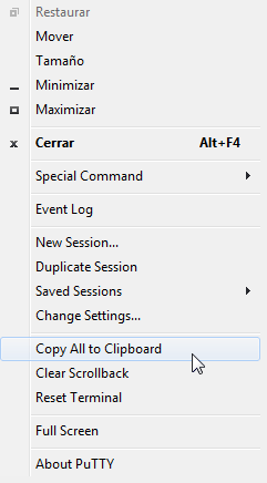 Menú de sistema de PuTTy