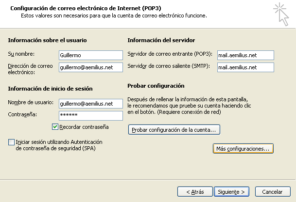 Configuración de correo electrónico de Internet (POP3)