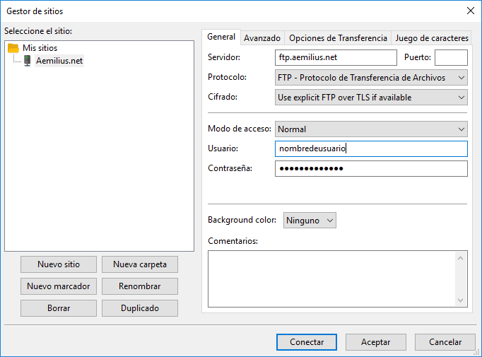 Gestor de Sitios de Filezilla