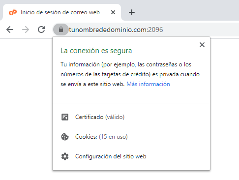 Comprueba que has accedido correctamente al servicio de webmail de tu dominio y que la conexión es segura